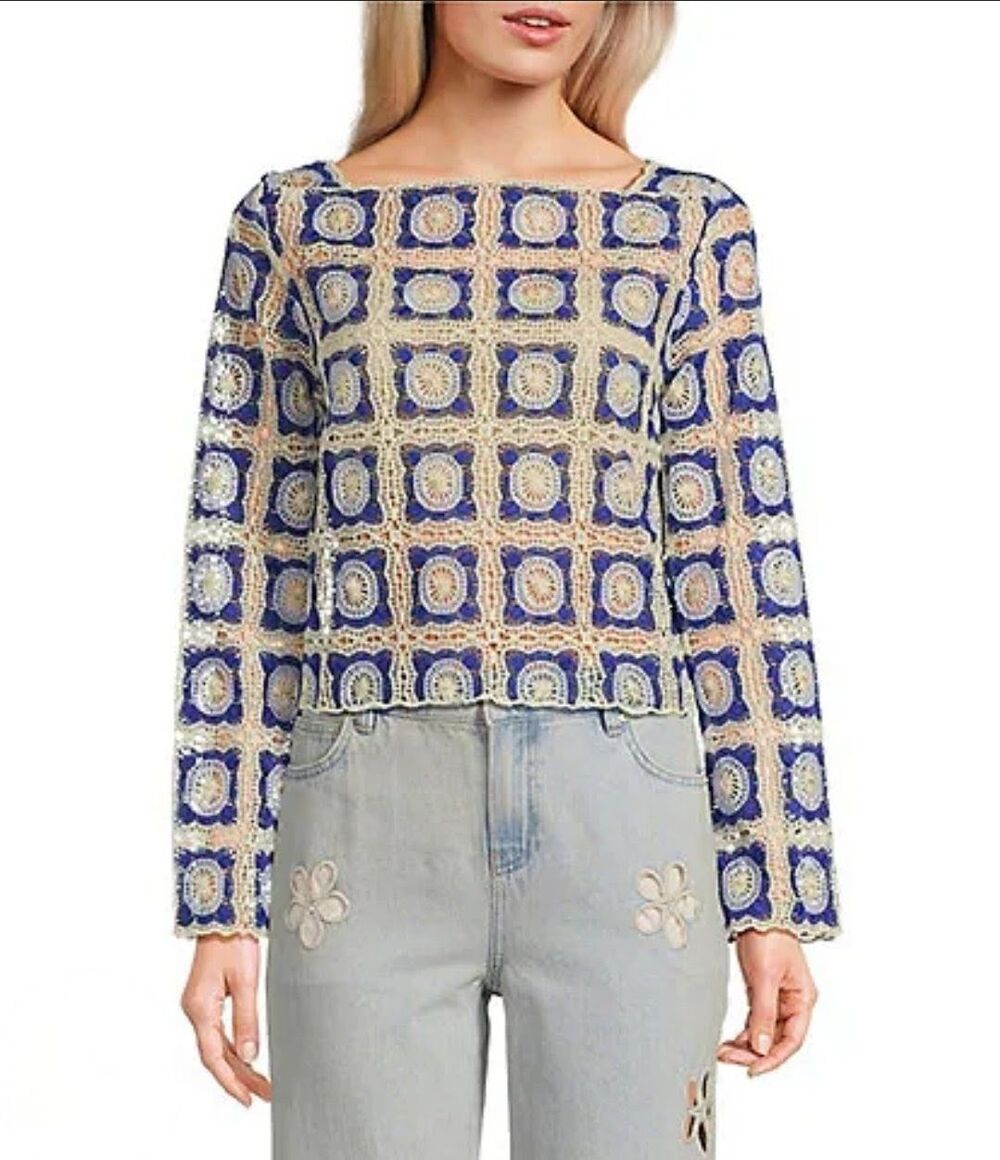 Chelsea & Violet Bonnie Crochet Blouse Top Womens Large Granola Boho 70s Retro